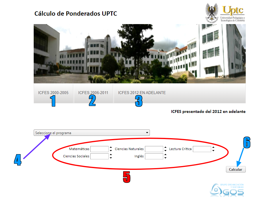 Se señalan las diferentes partes del Simulador de ponderado UPTC